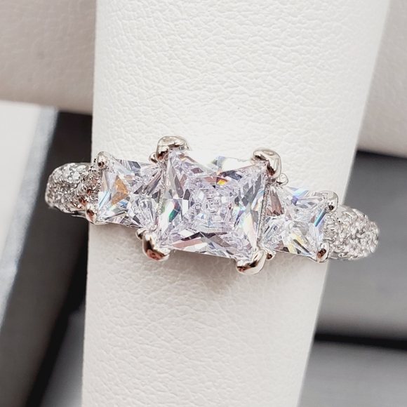 Three Stone Princess Cut Diamond Silver Tone Ring - Picture 2 of 6